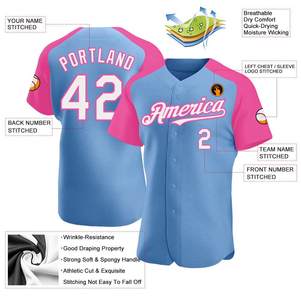 Custom Light Blue White-Pink Authentic Raglan Sleeves Baseball Jersey view 3