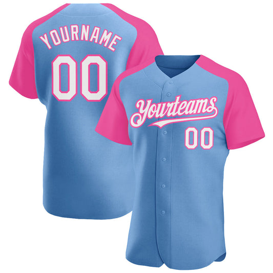 Custom Light Blue White-Pink Authentic Raglan Sleeves Baseball Jersey - Main View