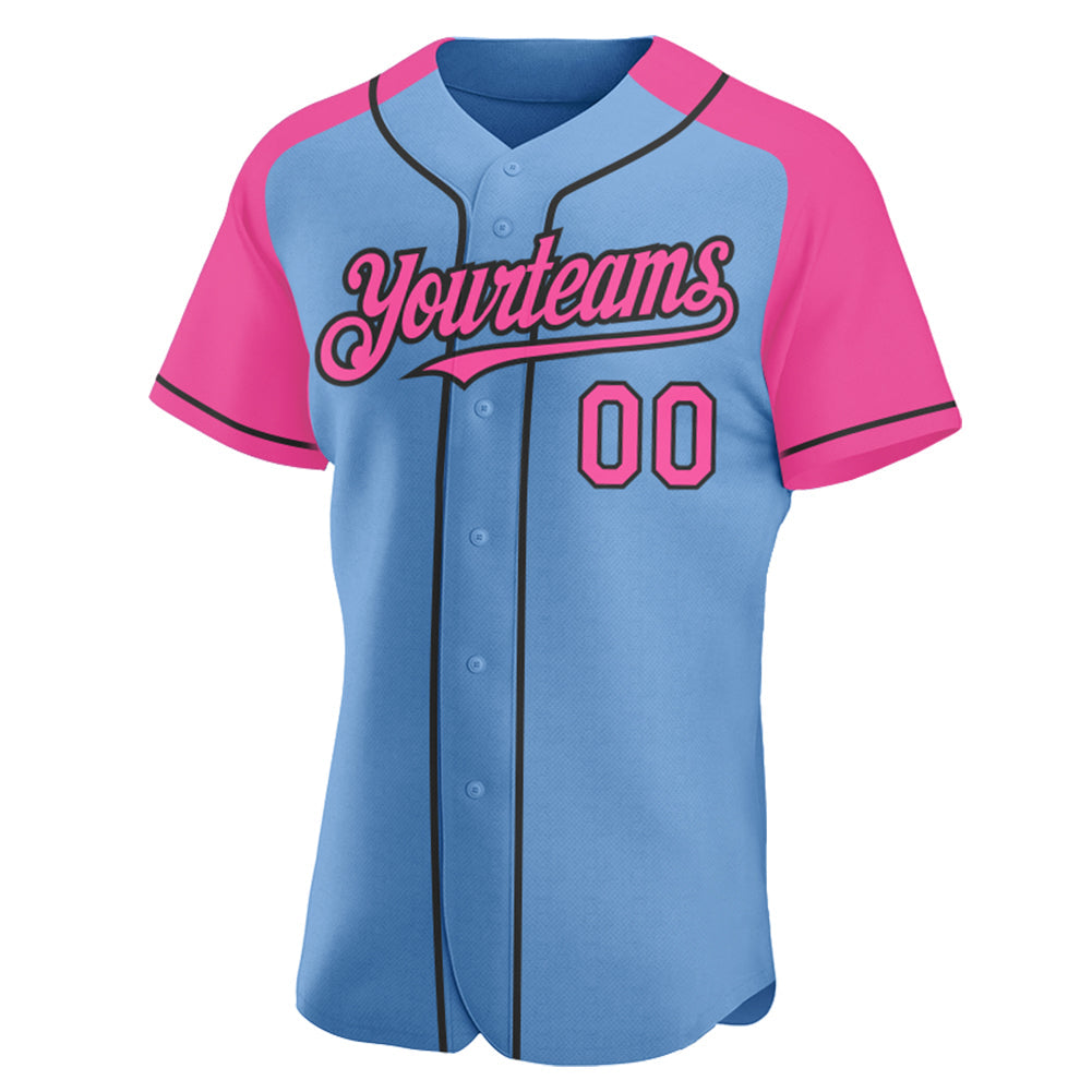 Custom Light Blue Pink-Black Authentic Raglan Sleeves Baseball Jersey view 2