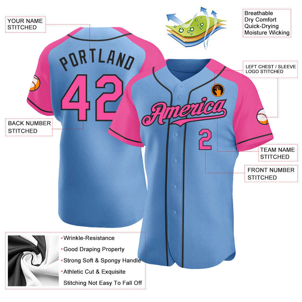 Custom Light Blue Pink-Black Authentic Raglan Sleeves Baseball Jersey view 3