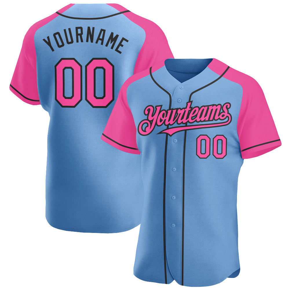 Custom Light Blue Pink-Black Authentic Raglan Sleeves Baseball Jersey - Main View