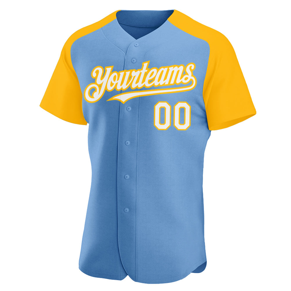 Custom Light Blue White-Gold Authentic Raglan Sleeves Baseball Jersey view 2