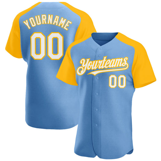 Custom Light Blue White-Gold Authentic Raglan Sleeves Baseball Jersey - Main View