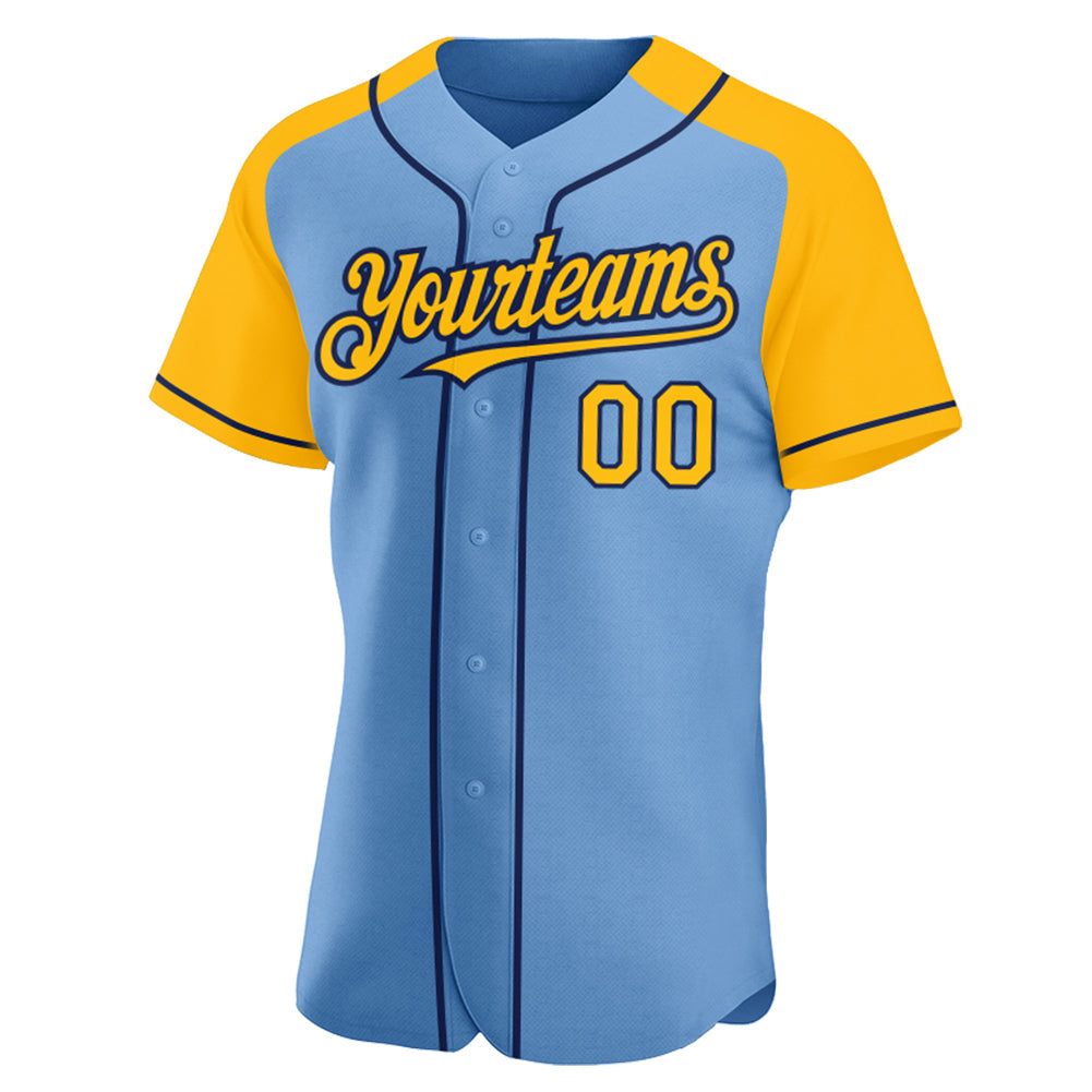 Custom Light Blue Gold-Navy Authentic Raglan Sleeves Baseball Jersey view 2