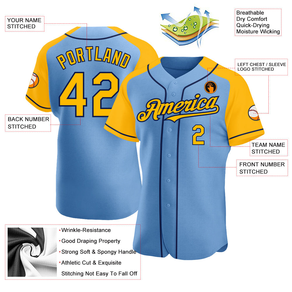 Custom Light Blue Gold-Navy Authentic Raglan Sleeves Baseball Jersey view 3