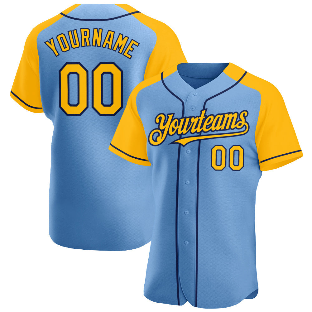 Custom Light Blue Gold-Navy Authentic Raglan Sleeves Baseball Jersey - Main View
