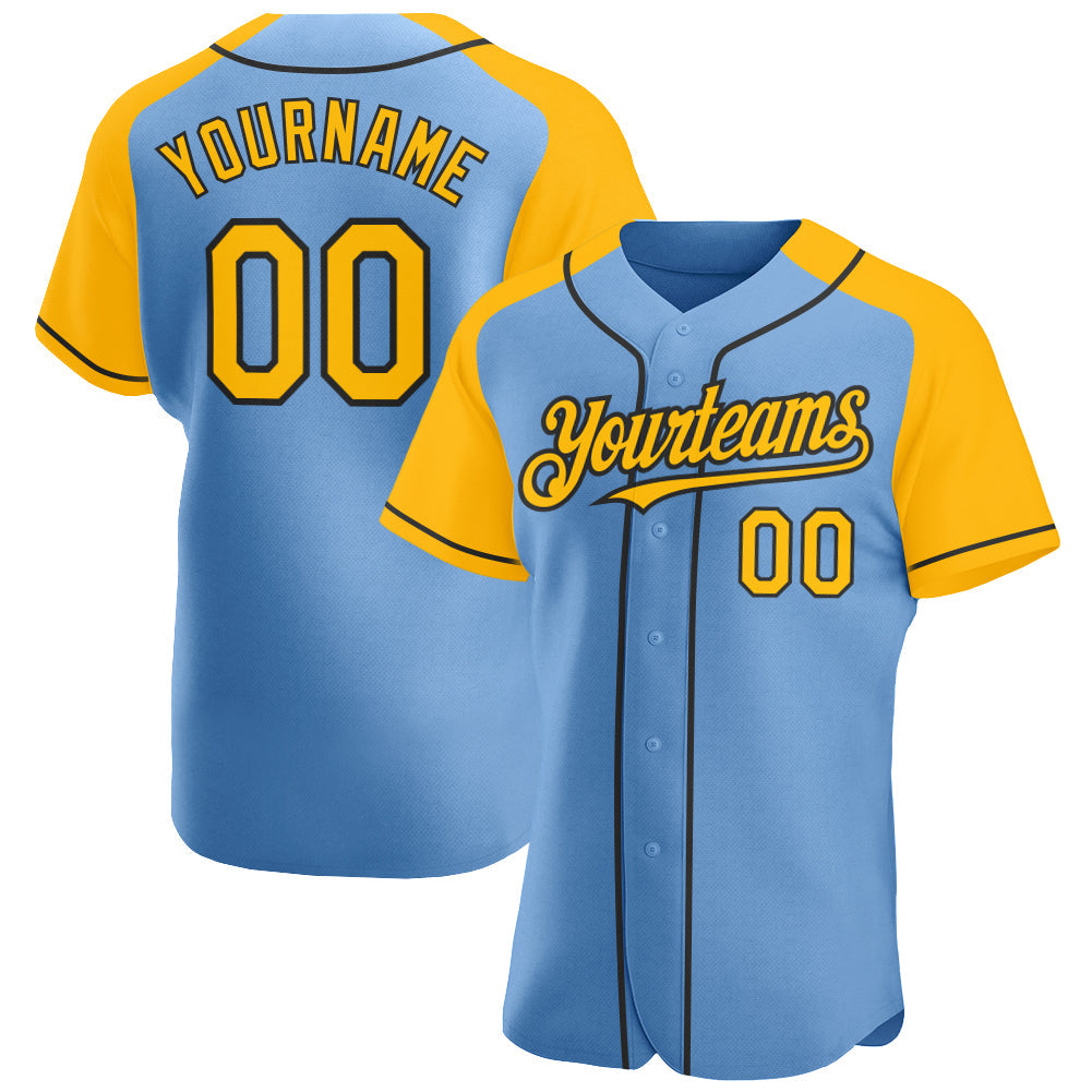 Custom Light Blue Gold-Black Authentic Raglan Sleeves Baseball Jersey - Main View
