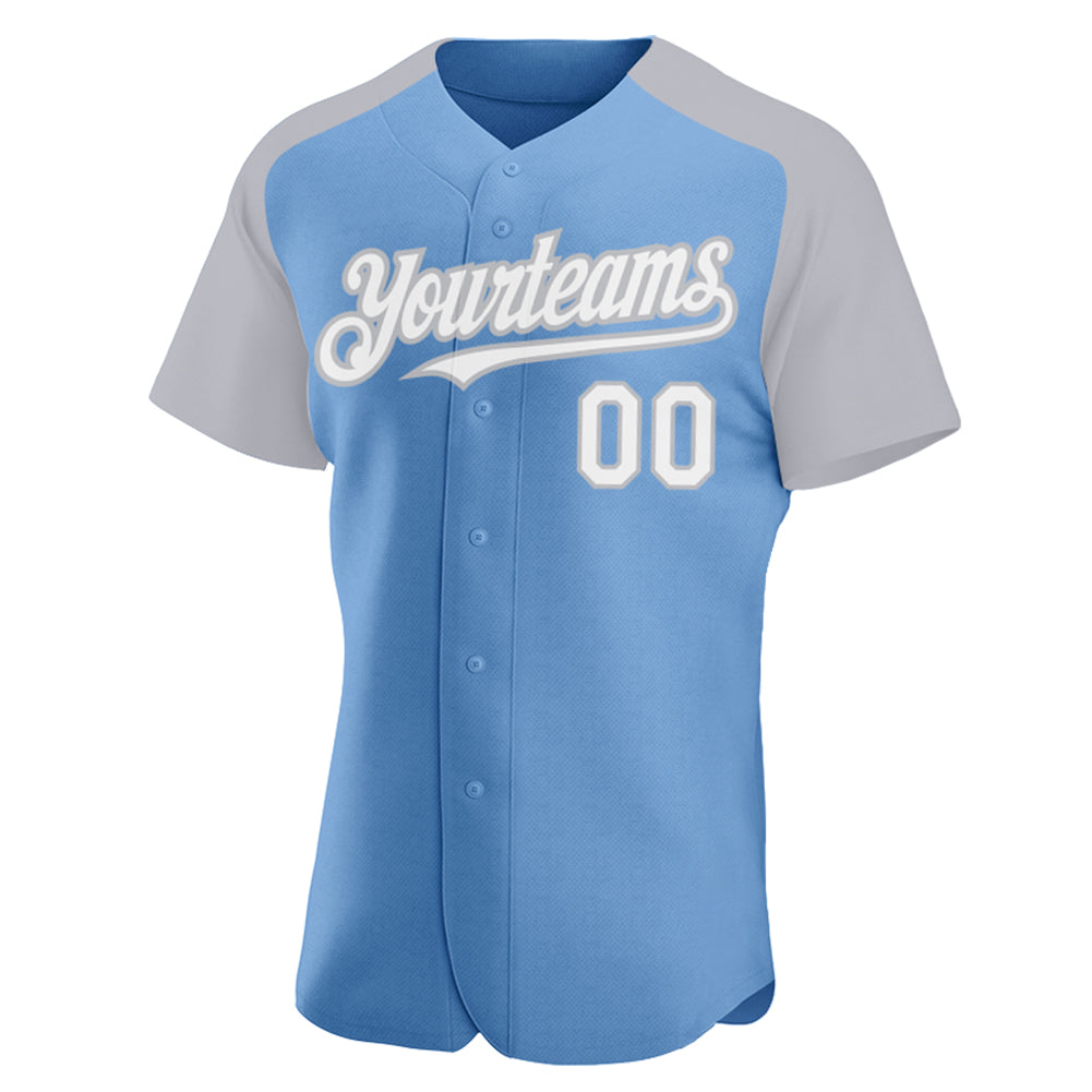 Custom Light Blue White-Gray Authentic Raglan Sleeves Baseball Jersey view 2