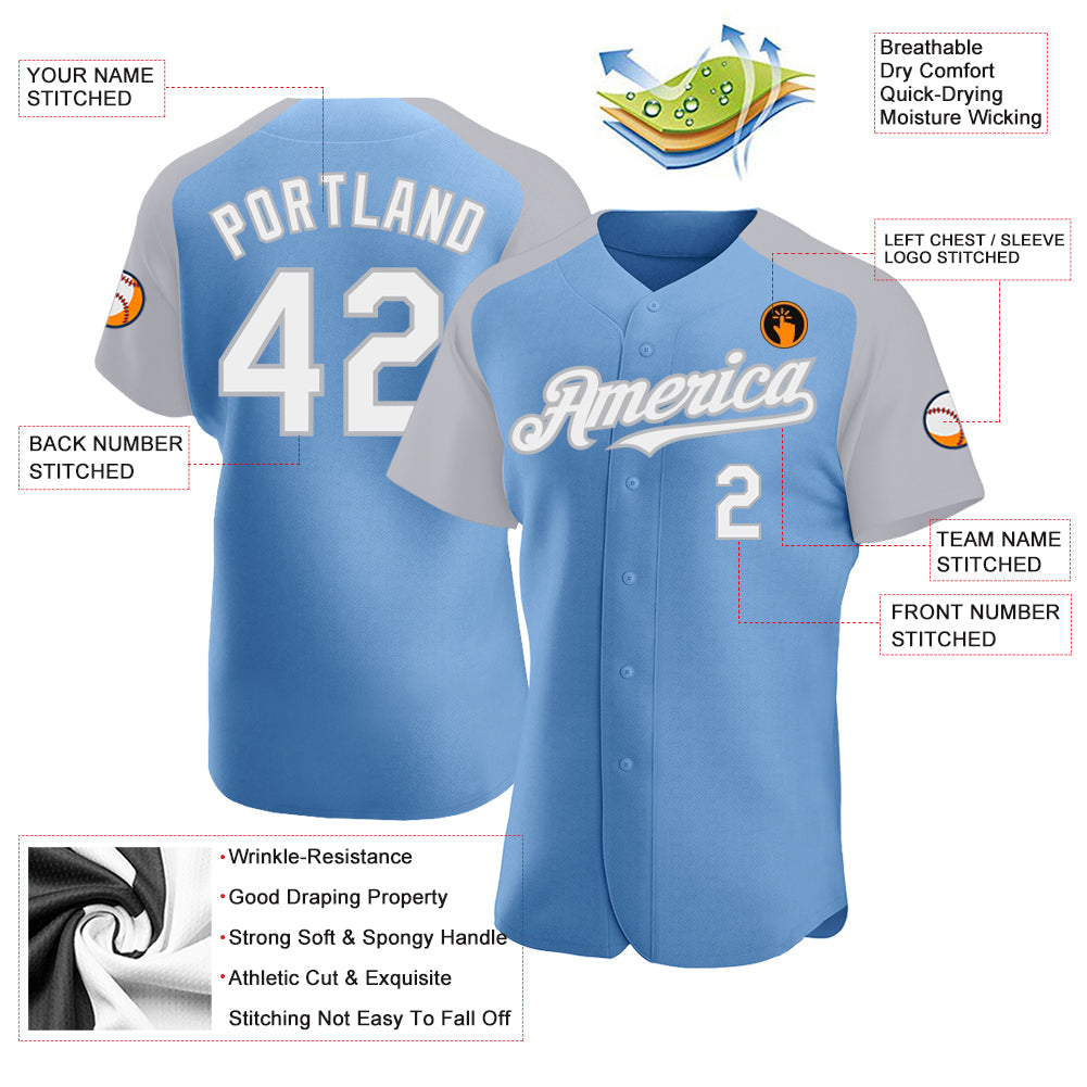 Custom Light Blue White-Gray Authentic Raglan Sleeves Baseball Jersey view 3