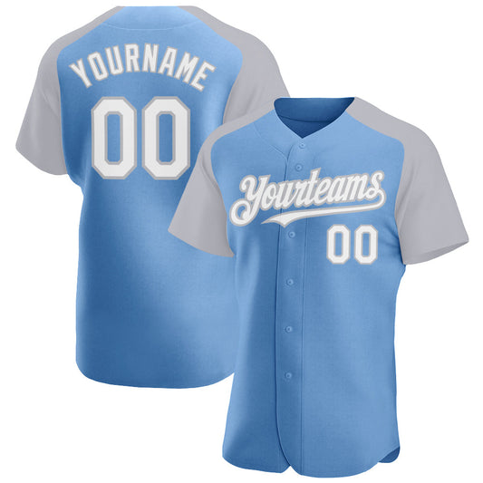 Custom Light Blue White-Gray Authentic Raglan Sleeves Baseball Jersey - Main View