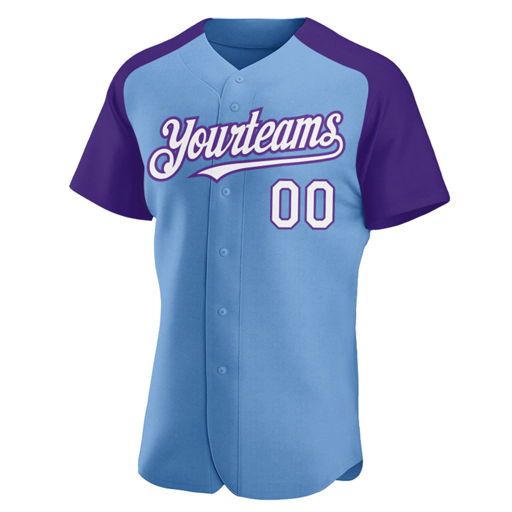 Custom Light Blue White-Purple Authentic Raglan Sleeves Baseball Jersey view 2
