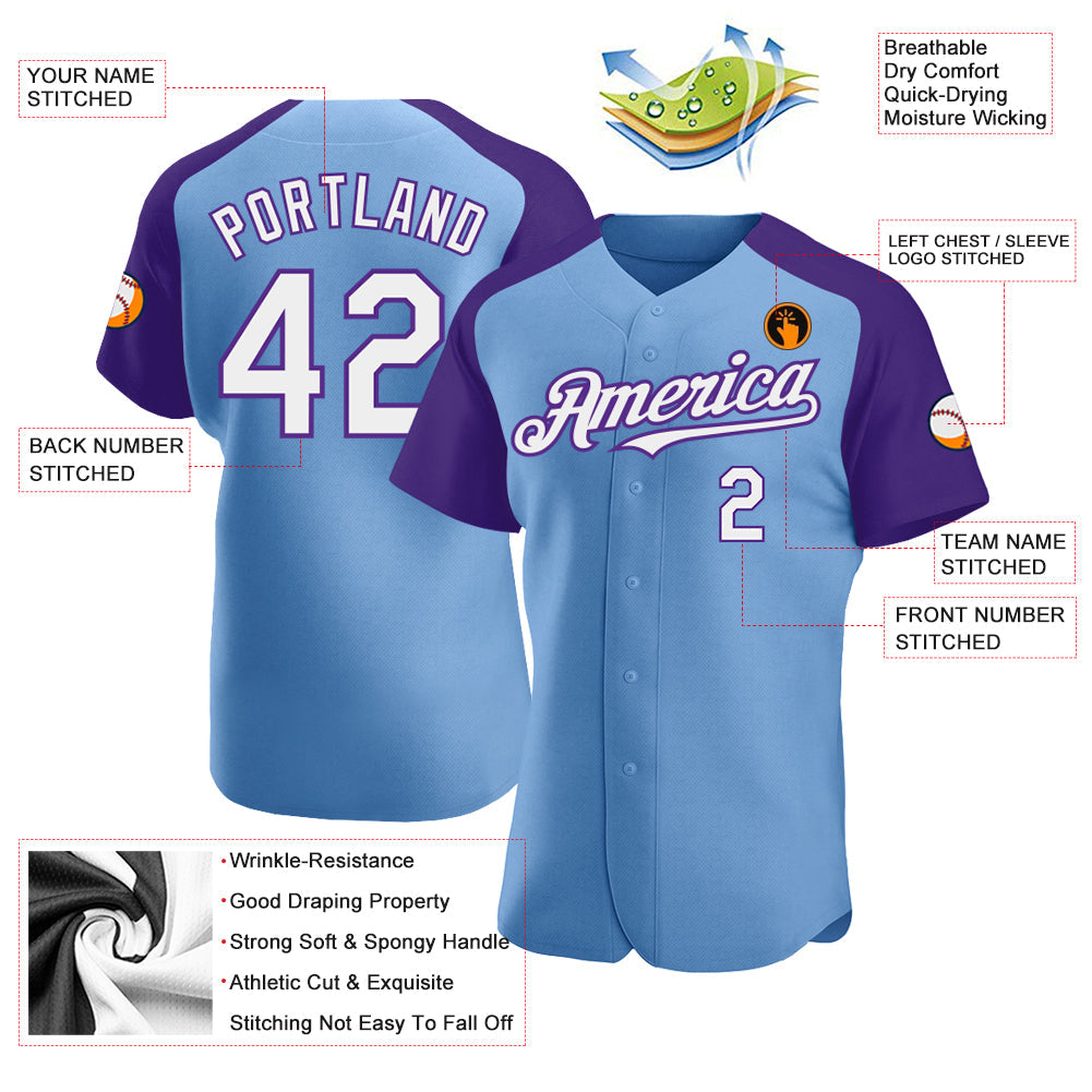 Custom Light Blue White-Purple Authentic Raglan Sleeves Baseball Jersey view 3