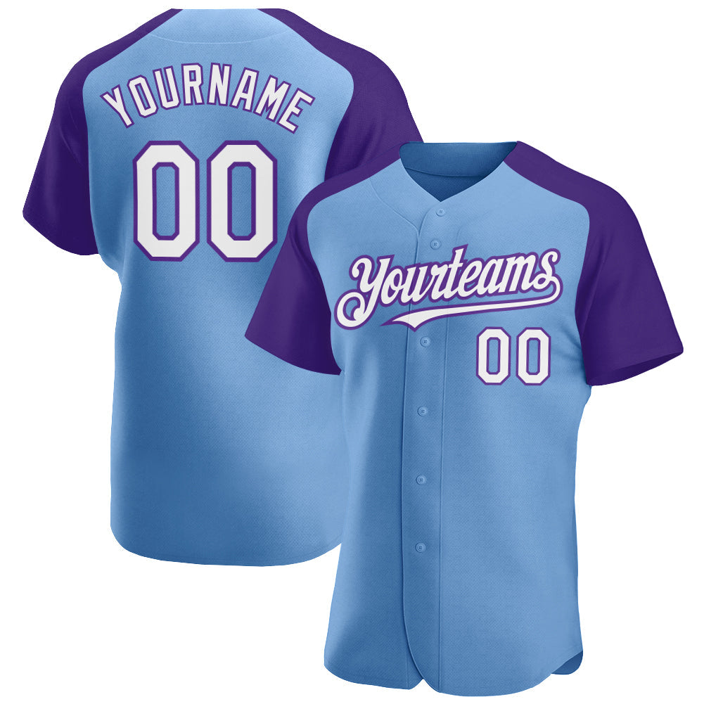 Custom Light Blue White-Purple Authentic Raglan Sleeves Baseball Jersey - Main View