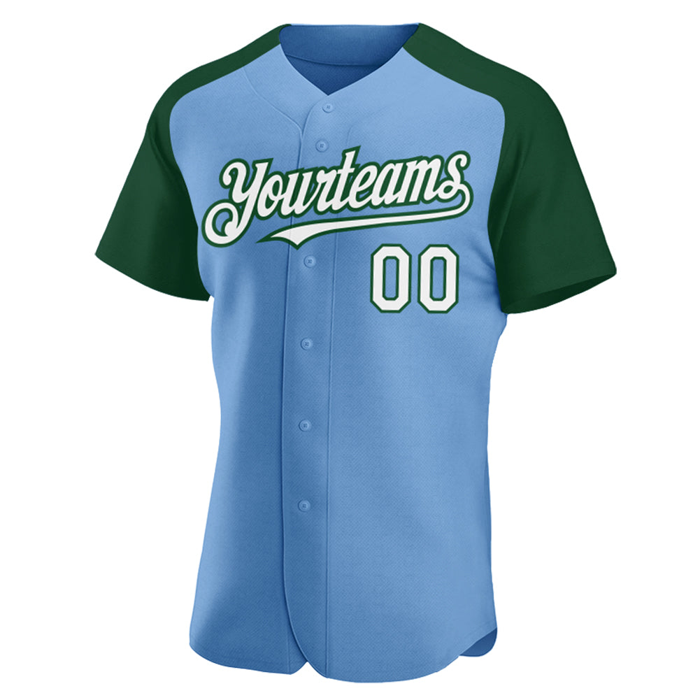 Custom Light Blue White-Green Authentic Raglan Sleeves Baseball Jersey view 2