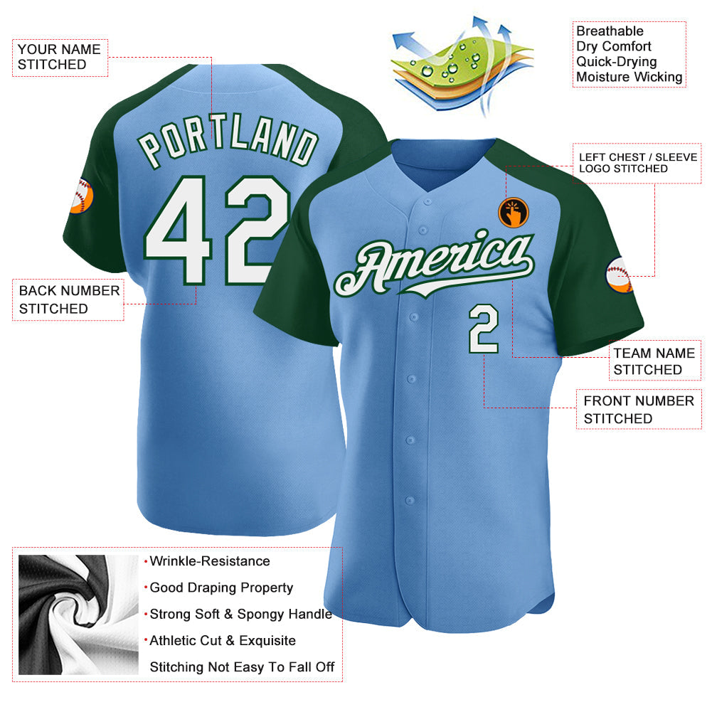 Custom Light Blue White-Green Authentic Raglan Sleeves Baseball Jersey view 3