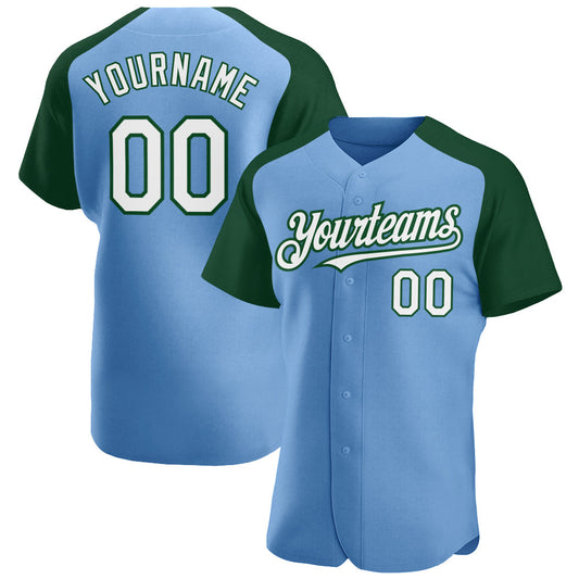 Custom Light Blue White-Green Authentic Raglan Sleeves Baseball Jersey - Main View