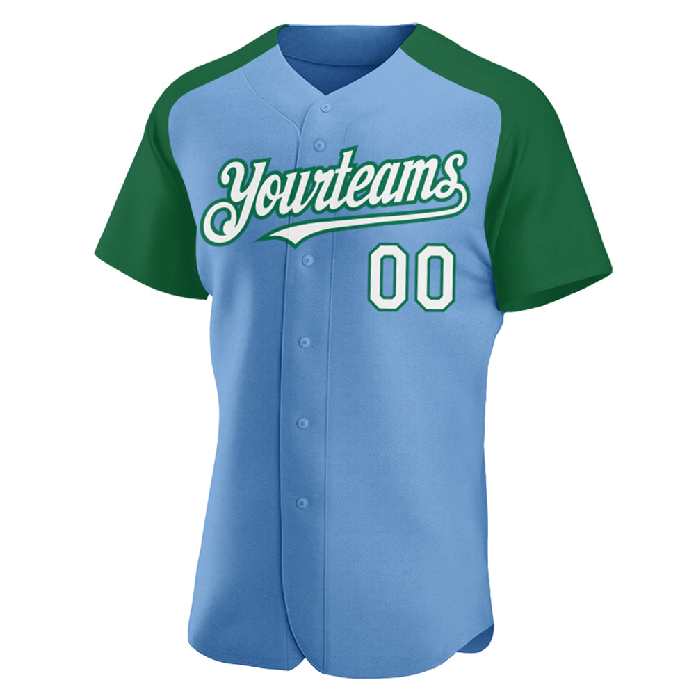 Custom Light Blue White-Kelly Green Authentic Raglan Sleeves Baseball Jersey view 2