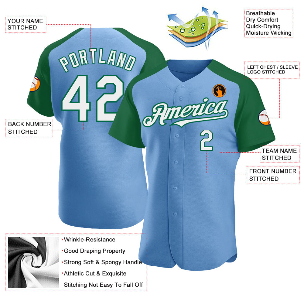 Custom Light Blue White-Kelly Green Authentic Raglan Sleeves Baseball Jersey view 3