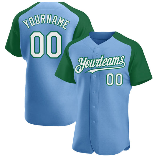 Custom Light Blue White-Kelly Green Authentic Raglan Sleeves Baseball Jersey - Main View