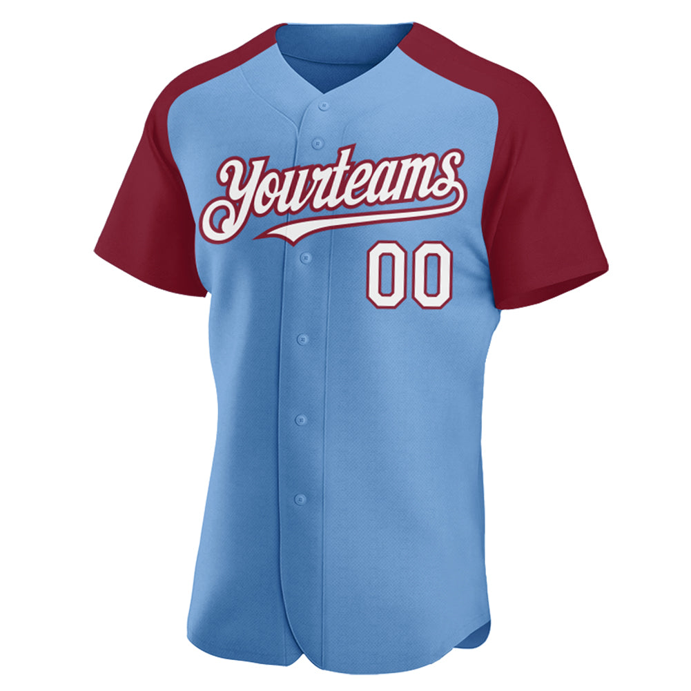 Custom Light Blue White-Crimson Authentic Raglan Sleeves Baseball Jersey view 2