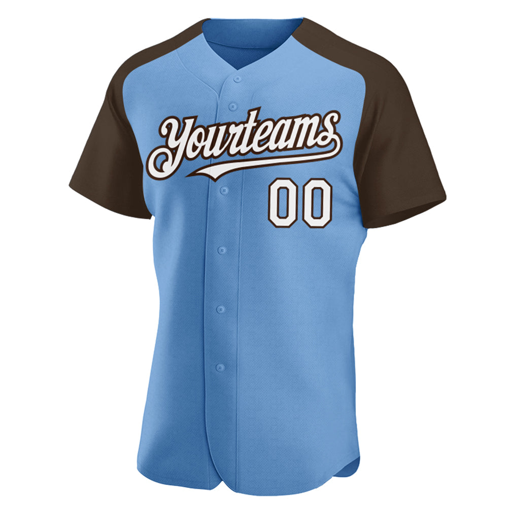 Custom Light Blue White-Brown Authentic Raglan Sleeves Baseball Jersey view 2