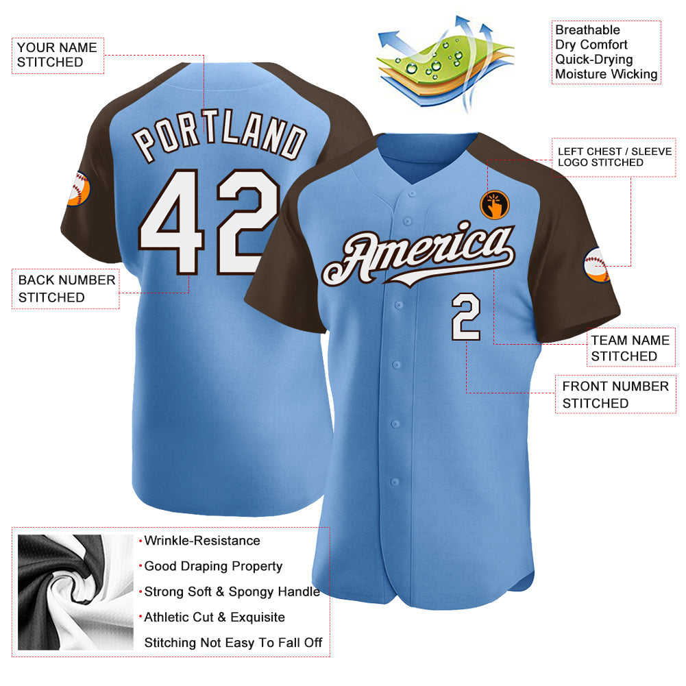 Custom Light Blue White-Brown Authentic Raglan Sleeves Baseball Jersey view 3