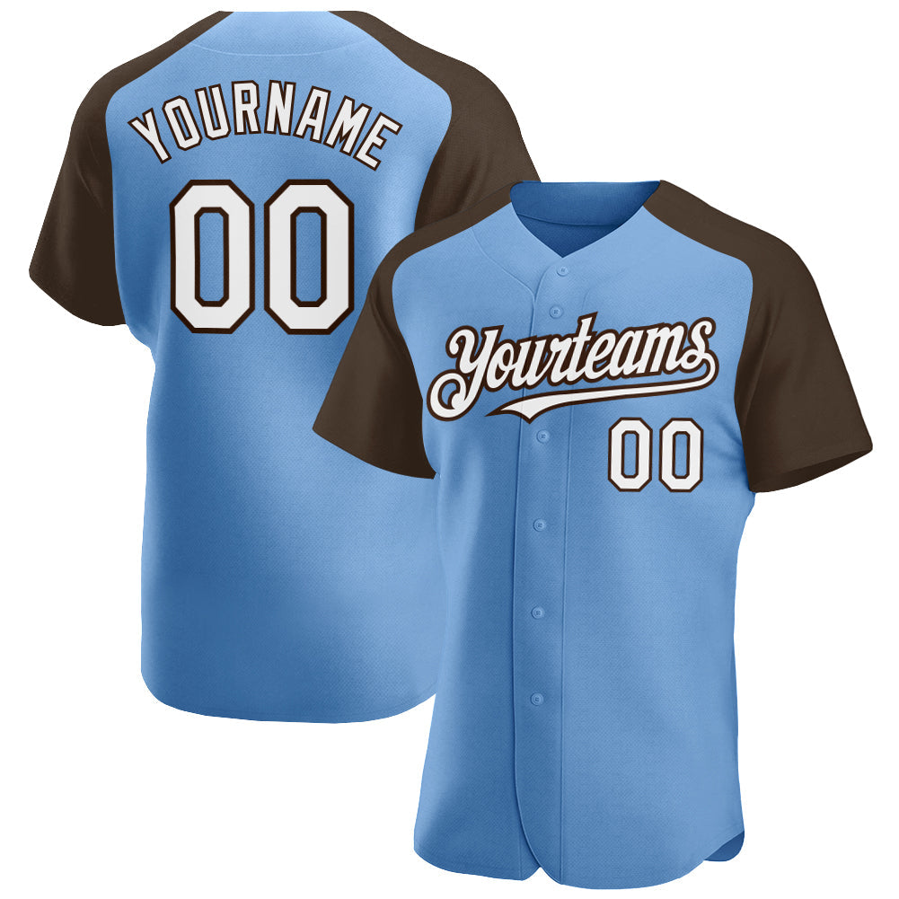 Custom Light Blue White-Brown Authentic Raglan Sleeves Baseball Jersey - Main View