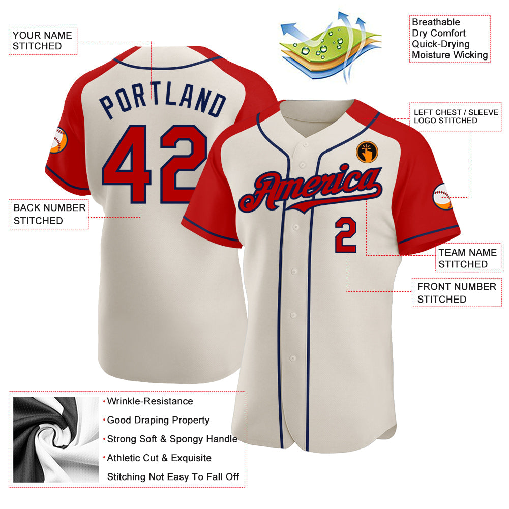 Custom Cream Red-Navy Authentic Raglan Sleeves Baseball Jersey view 3