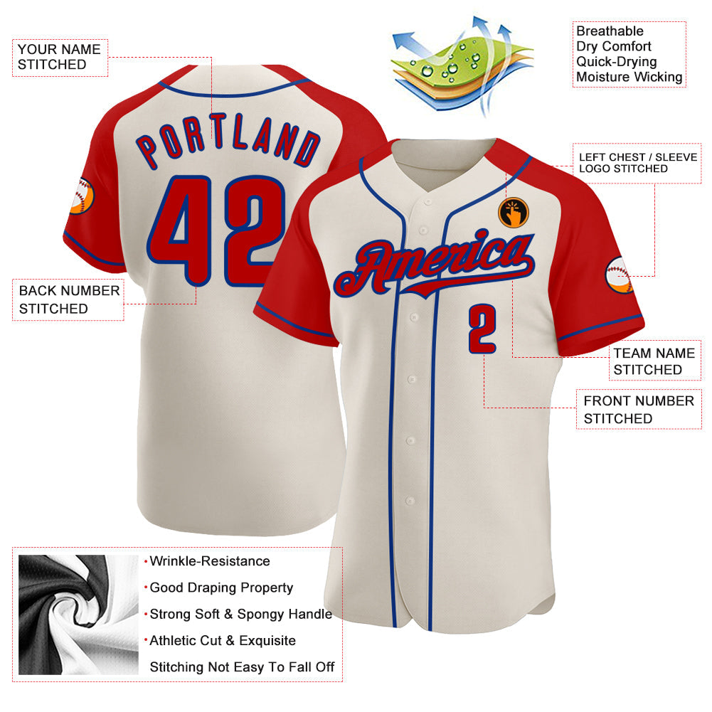 Custom Cream Red-Royal Authentic Raglan Sleeves Baseball Jersey view 3