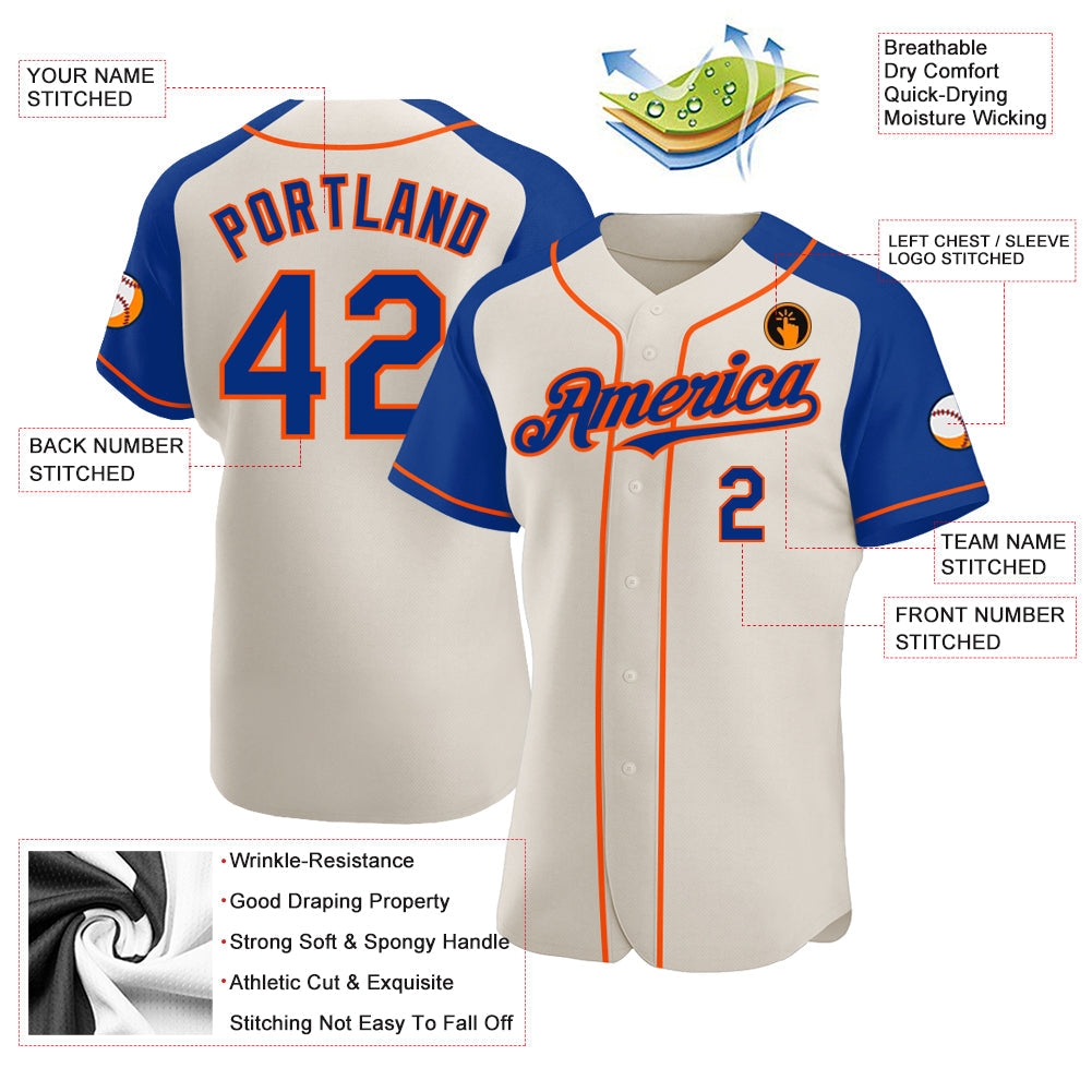 Custom Cream Royal-Orange Authentic Raglan Sleeves Baseball Jersey view 3