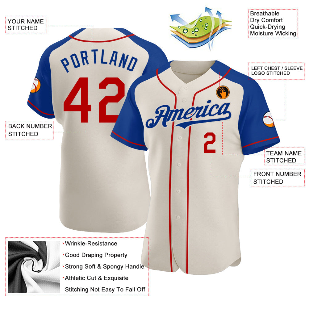 Custom Cream Red-Royal Authentic Raglan Sleeves Baseball Jersey view 3