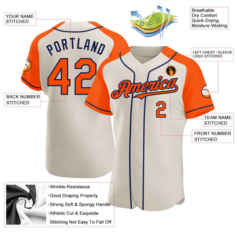 Custom Cream Orange-Navy Authentic Raglan Sleeves Baseball Jersey view 3