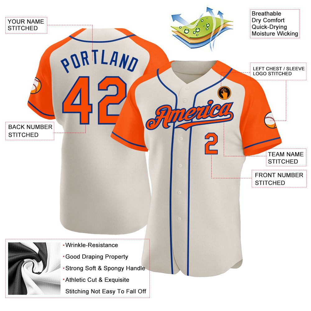 Custom Cream Orange-Royal Authentic Raglan Sleeves Baseball Jersey view 3