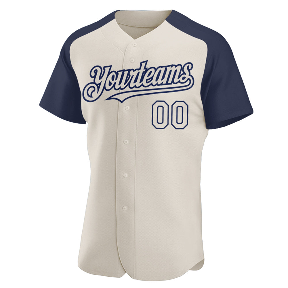 Custom Cream Navy Authentic Raglan Sleeves Baseball Jersey view 2