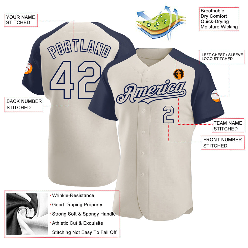 Custom Cream Navy Authentic Raglan Sleeves Baseball Jersey view 3