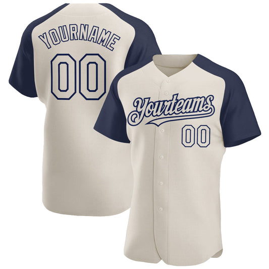 Custom Cream Navy Authentic Raglan Sleeves Baseball Jersey - Main View