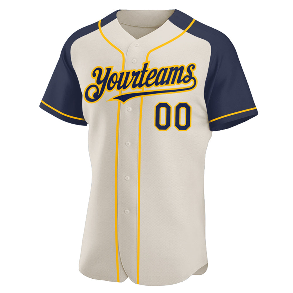 Custom Cream Navy-Gold Authentic Raglan Sleeves Baseball Jersey view 2