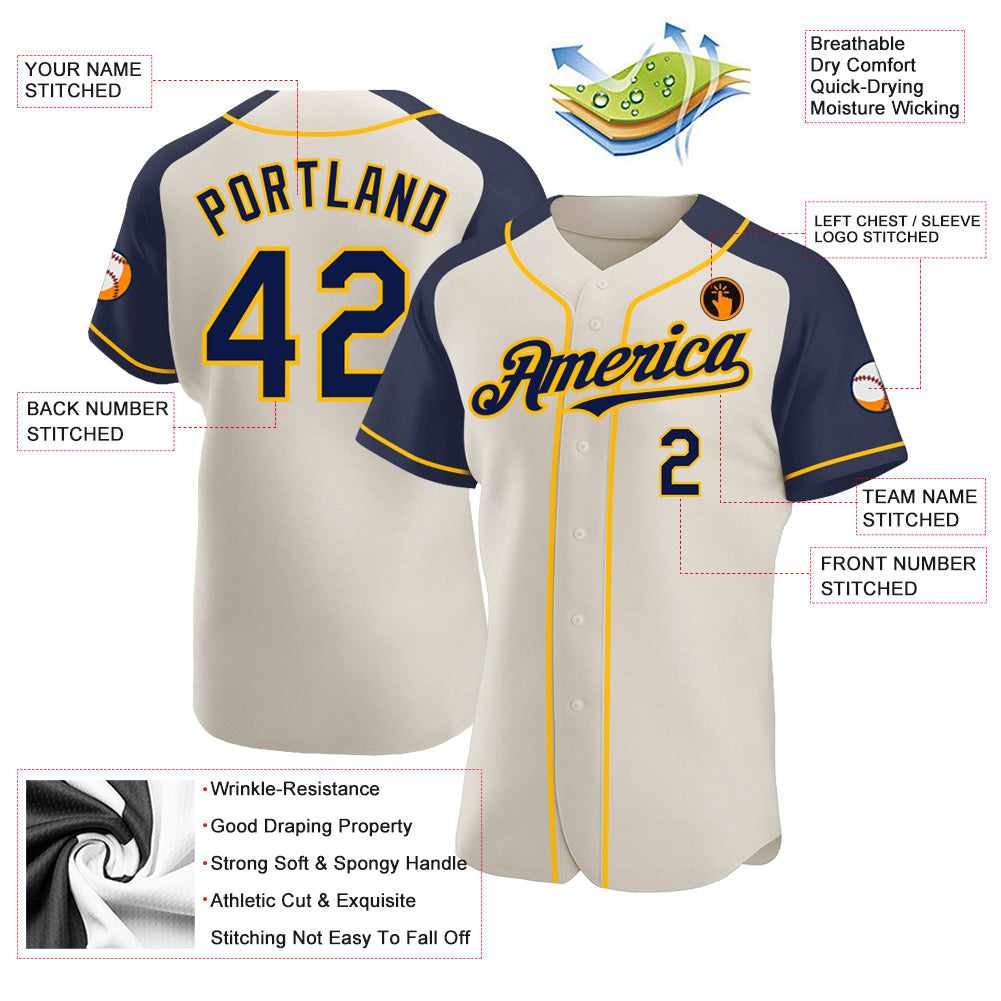 Custom Cream Navy-Gold Authentic Raglan Sleeves Baseball Jersey view 3