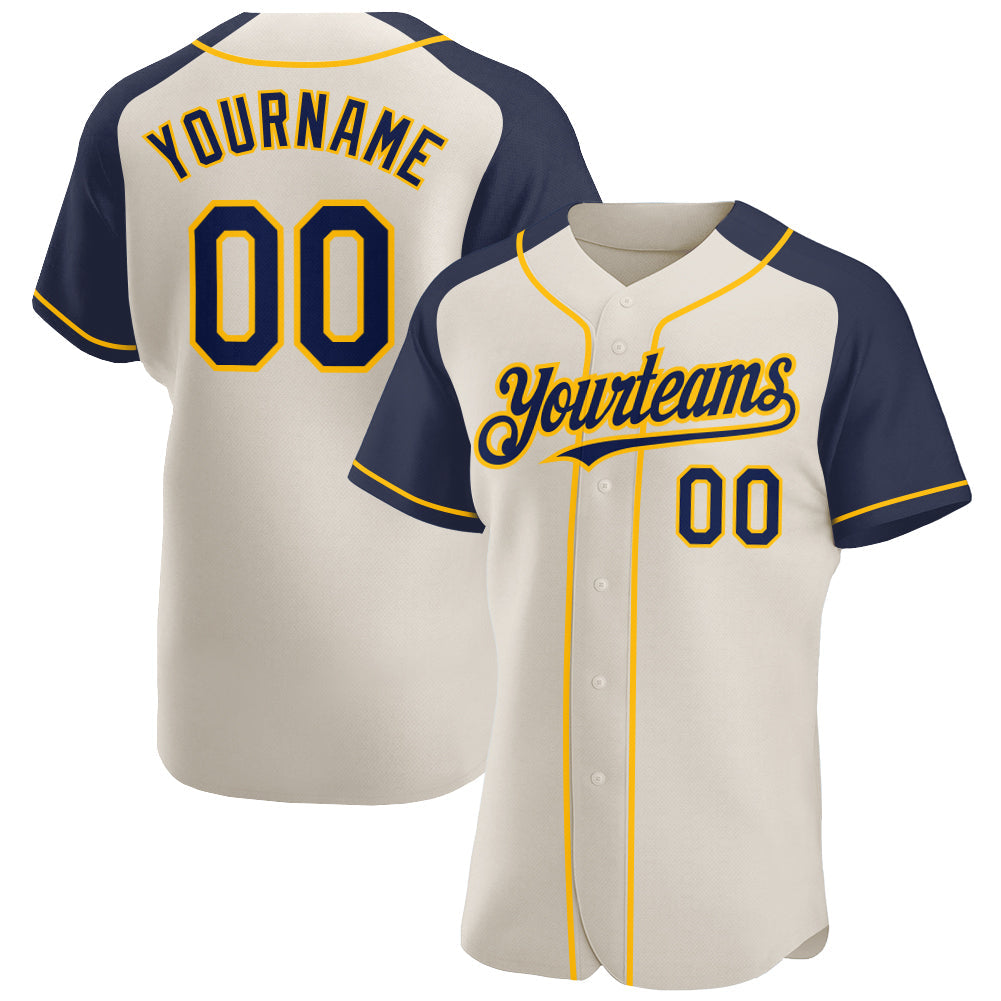 Custom Cream Navy-Gold Authentic Raglan Sleeves Baseball Jersey - Main View