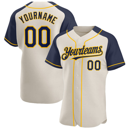 Custom Cream Navy-Gold Authentic Raglan Sleeves Baseball Jersey - Main View
