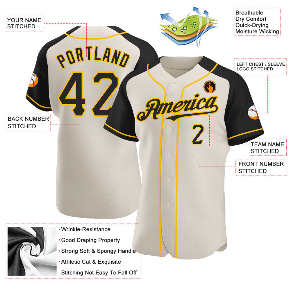 Custom Cream Black-Gold Authentic Raglan Sleeves Baseball Jersey view 3