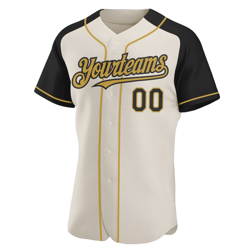 Custom Cream Black-Old Gold Authentic Raglan Sleeves Baseball Jersey view 2