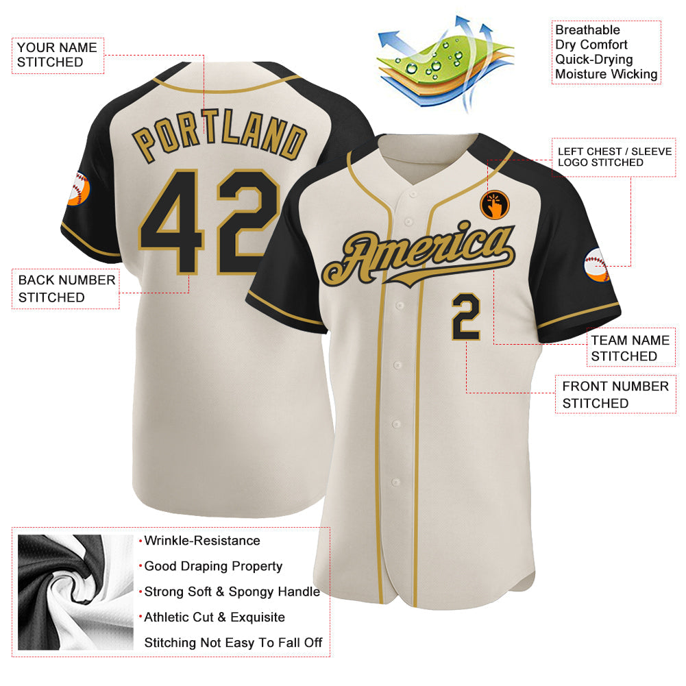 Custom Cream Black-Old Gold Authentic Raglan Sleeves Baseball Jersey view 3