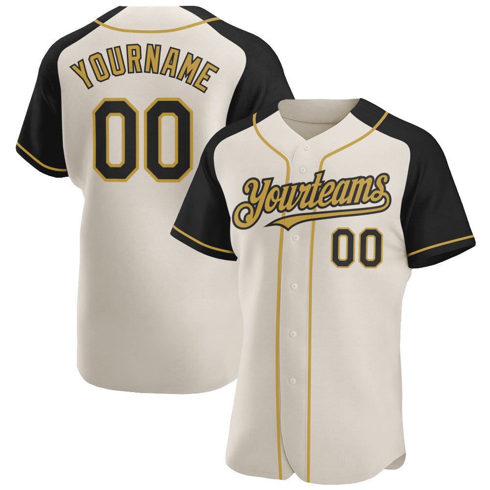 Custom Cream Black-Old Gold Authentic Raglan Sleeves Baseball Jersey - Main View