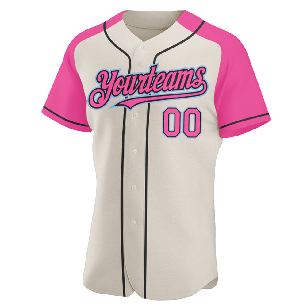 Custom Cream Pink Black-Light Blue Authentic Raglan Sleeves Baseball Jersey view 2