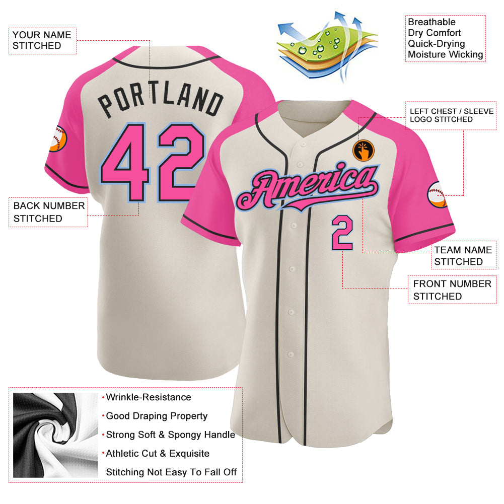 Custom Cream Pink Black-Light Blue Authentic Raglan Sleeves Baseball Jersey view 3