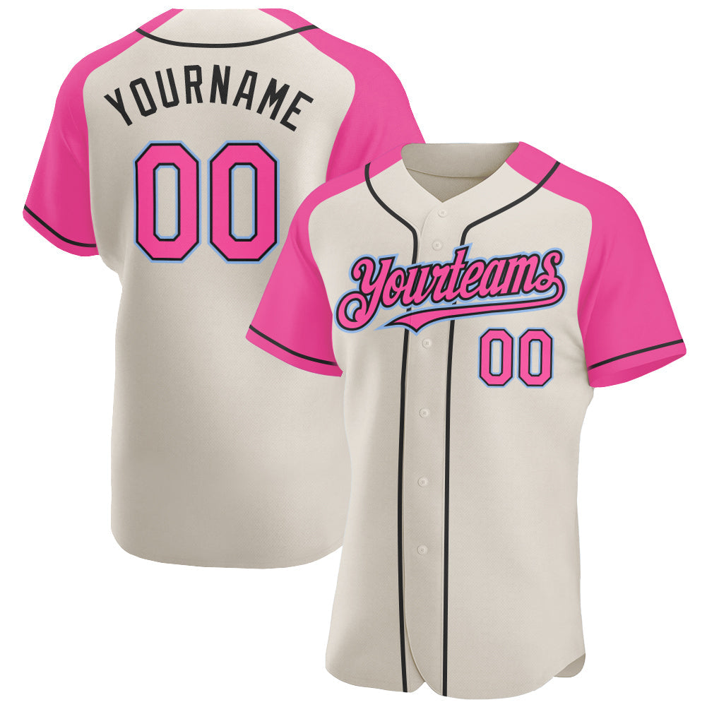 Custom Cream Pink Black-Light Blue Authentic Raglan Sleeves Baseball Jersey - Main View