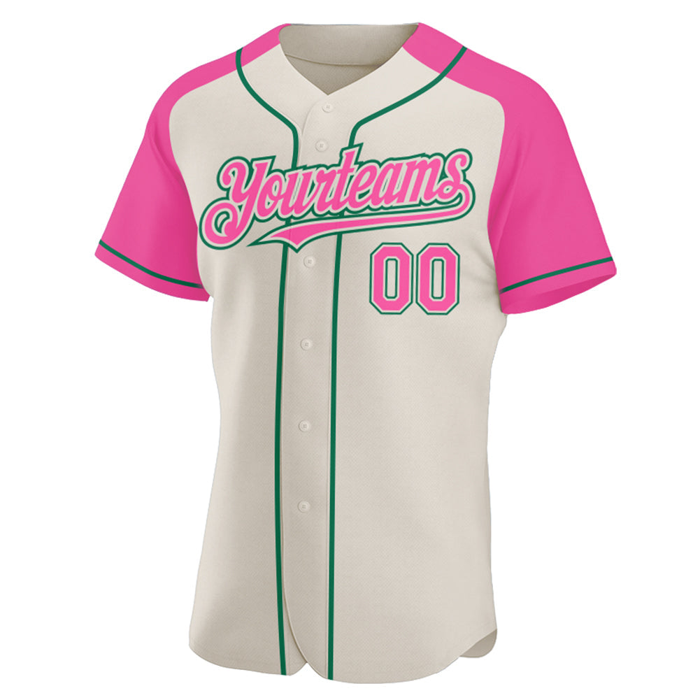 Custom Cream Pink-Kelly Green Authentic Raglan Sleeves Baseball Jersey view 2
