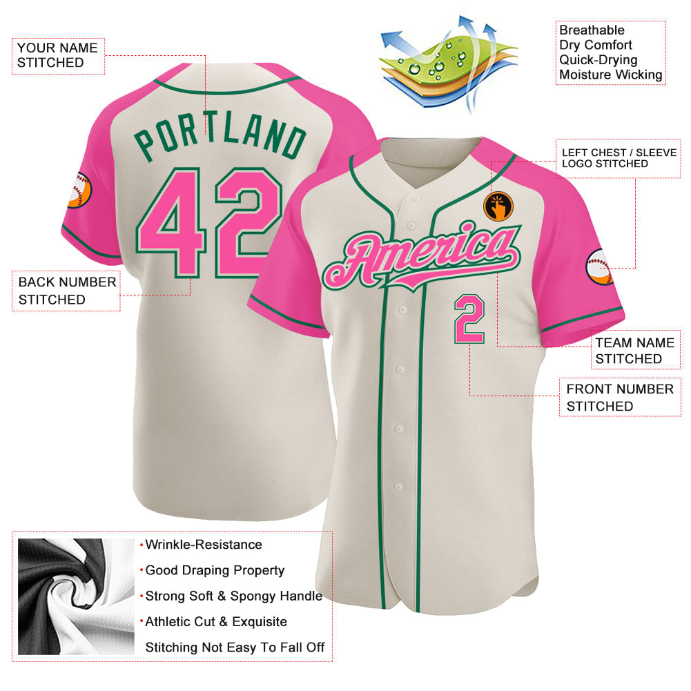 Custom Cream Pink-Kelly Green Authentic Raglan Sleeves Baseball Jersey view 3