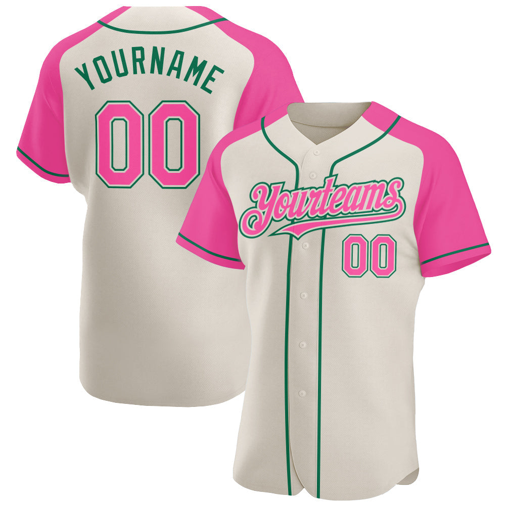 Custom Cream Pink-Kelly Green Authentic Raglan Sleeves Baseball Jersey - Main View